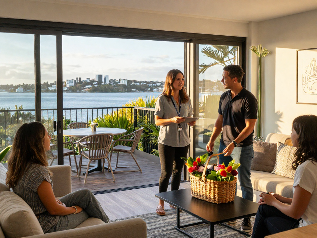 Airbnb management Auckland by local experts Ron and Sam, showcasing welcoming property with harbour views.
