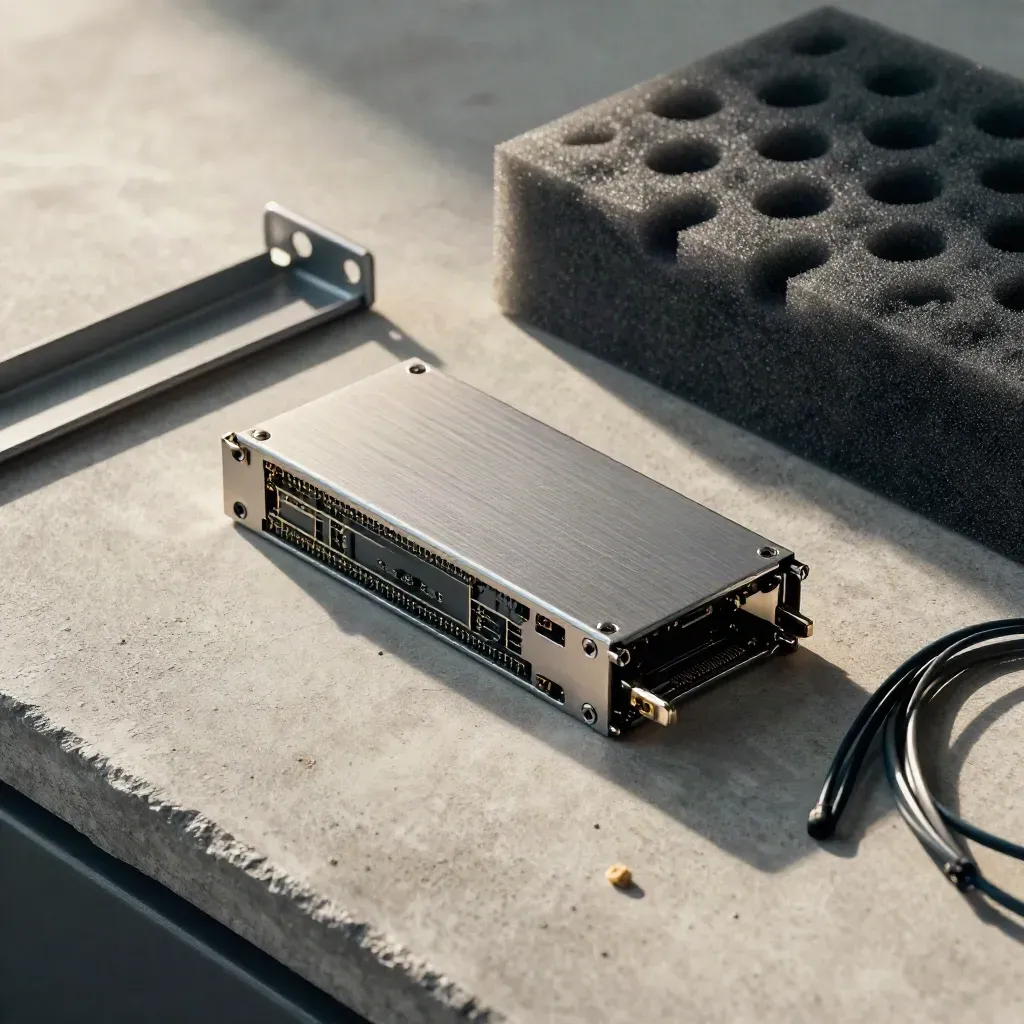 SSD caddy, rail bracket, foam and cable ties on pale concrete, top-down editorial still life.