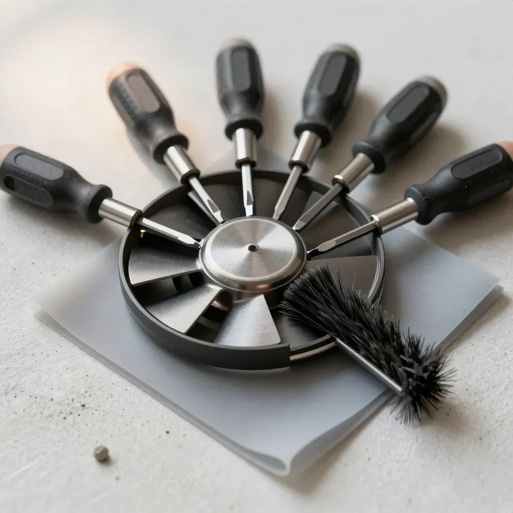 Macro still life of a screwdriver set, fan module, anti-static brush and silicone pad on plaster.