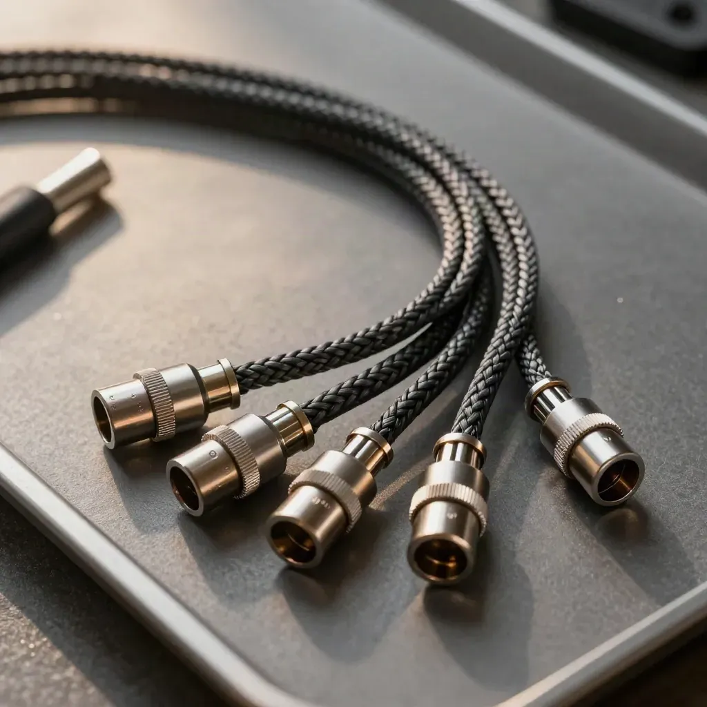 Top-down flatlay of braided cable loom, anodized connectors and ring clamps on graphite